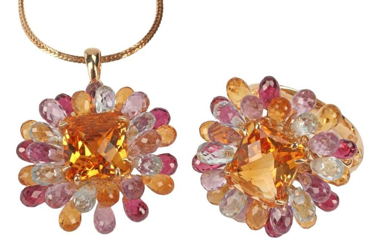 14k Gold Citrine and Gemstone Ring and Pendant
