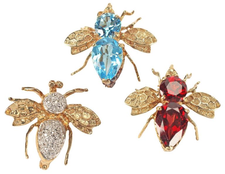 14k Gold Diamond and Gemstone Bee Brooches