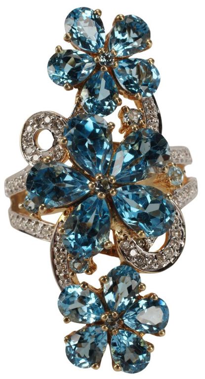 14k Gold Blue Topaz and Diamond Flower Ring