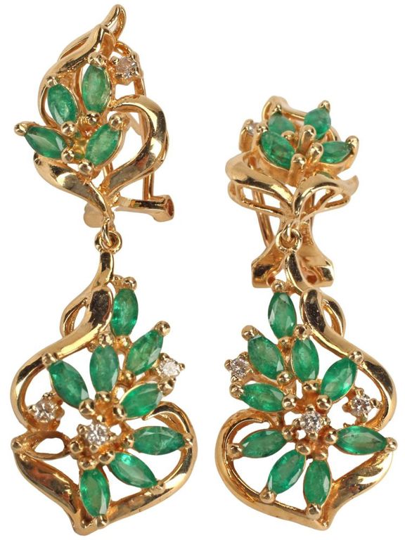 14k Gold Emerald and Diamond Drop Earrings