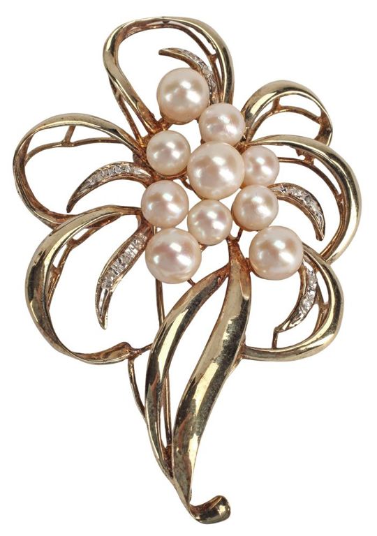 14k Gold Pearl and Diamond Brooch