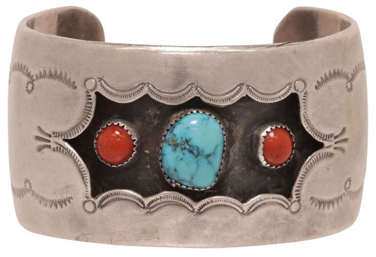 Silver Turquoise and Coral Shadowbox Cuff