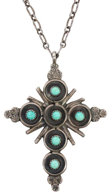 Silver Turquoise and Coral Cross Pendant Necklace