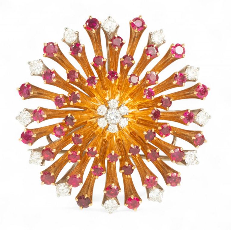14k Gold Ruby and Diamond Brooch