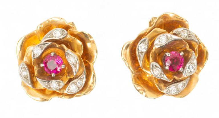 18k Yellow Gold Ruby and Diamond Earrings