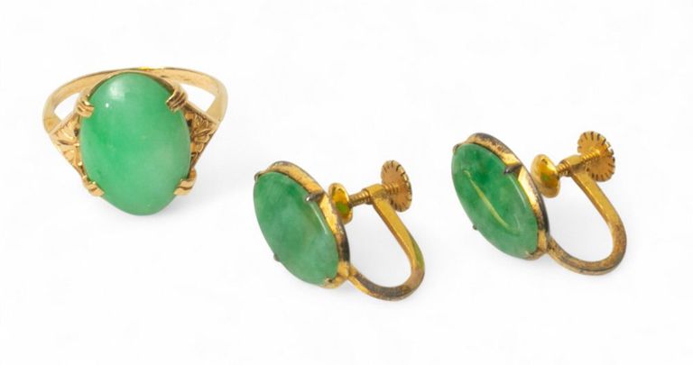 14k Yellow Gold Jade Ring and Earrings