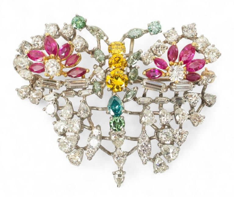 Platinum Diamond and Ruby Butterfly Brooch