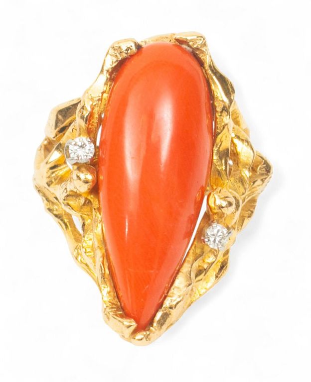 14k Yellow Gold Coral and Diamond Ring