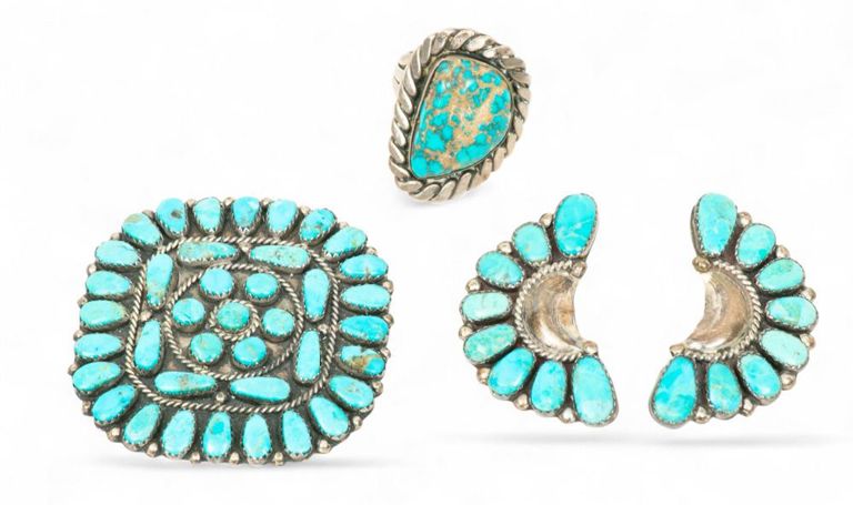 Silver and Turquoise Brooch Earrings and Ring