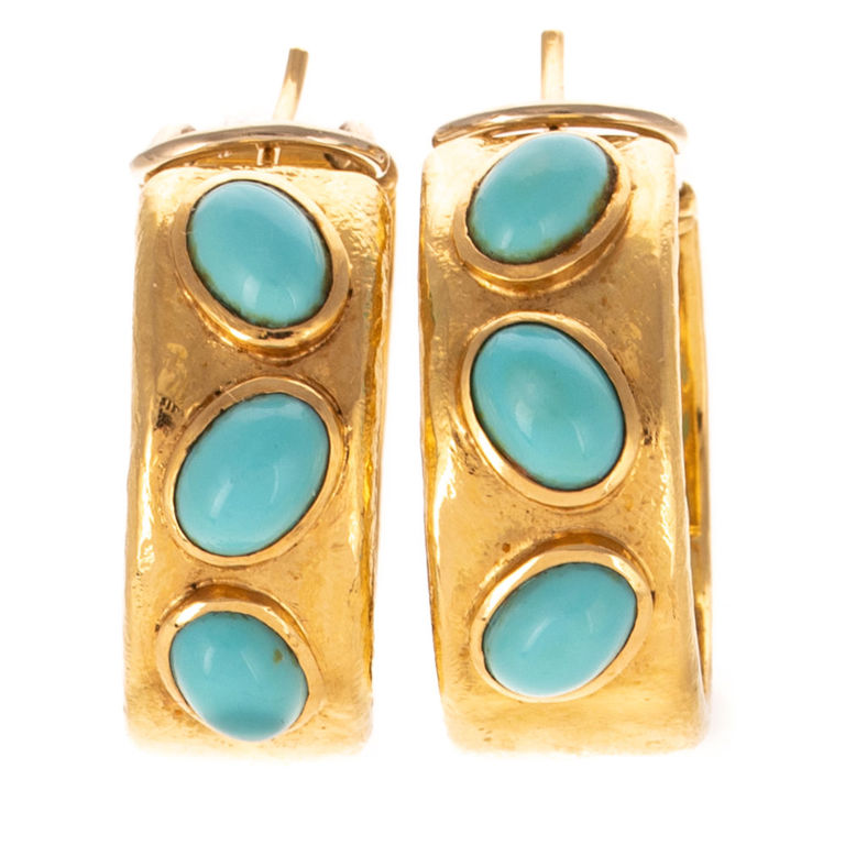 18k Yellow Gold Turquoise Hoop Earrings