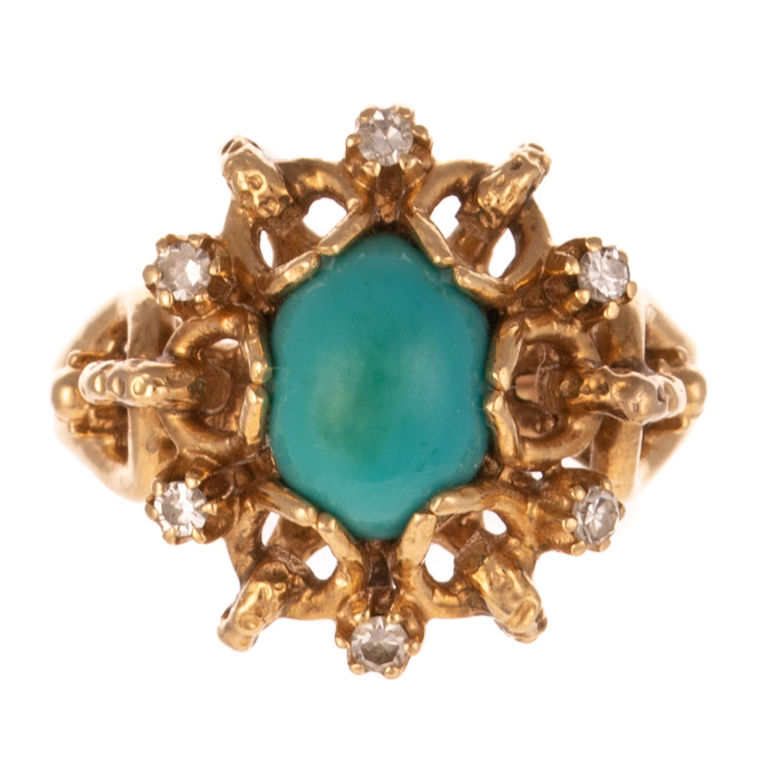 14k Yellow Gold Turquoise and Diamond Ring