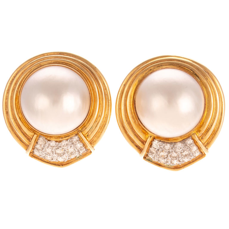 14k Yellow Gold Pearl and Diamond Earrings