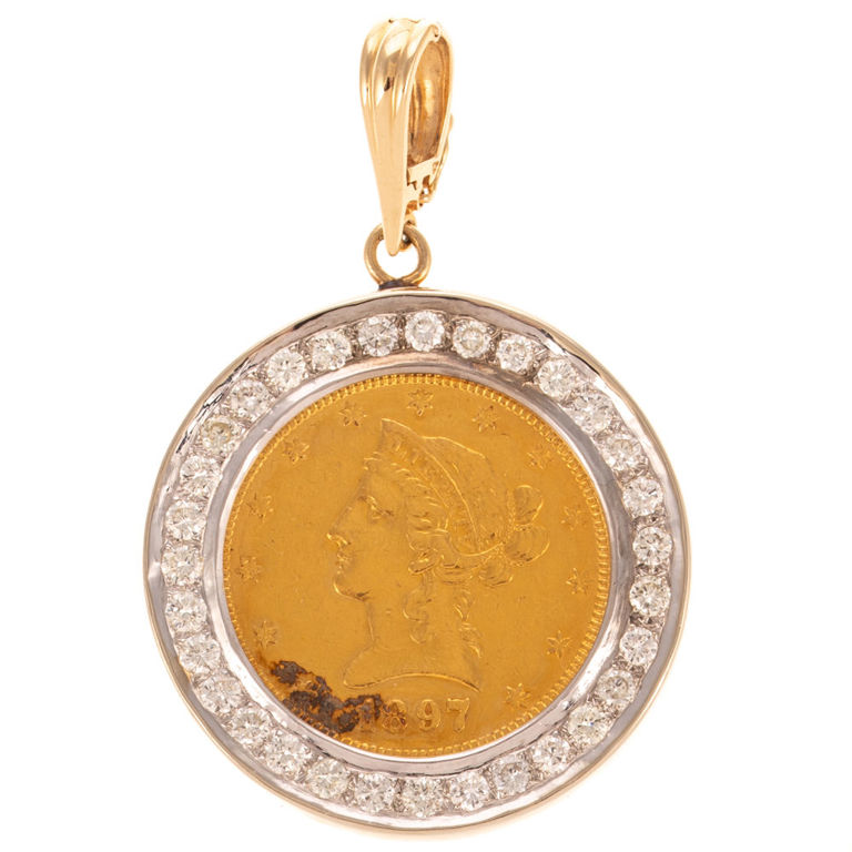 14k Yellow Gold Diamond Coin Pendant