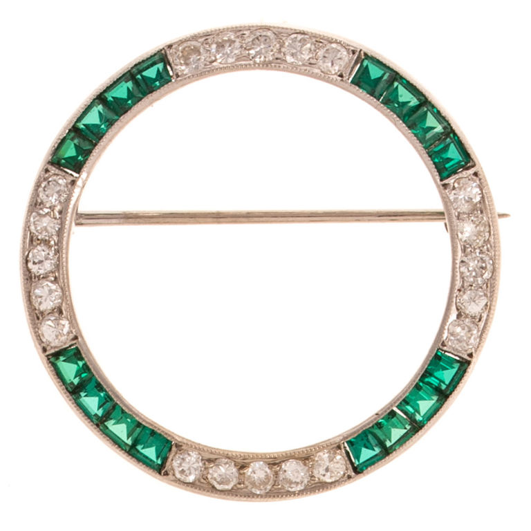 14k White Gold Emerald and Diamond Brooch