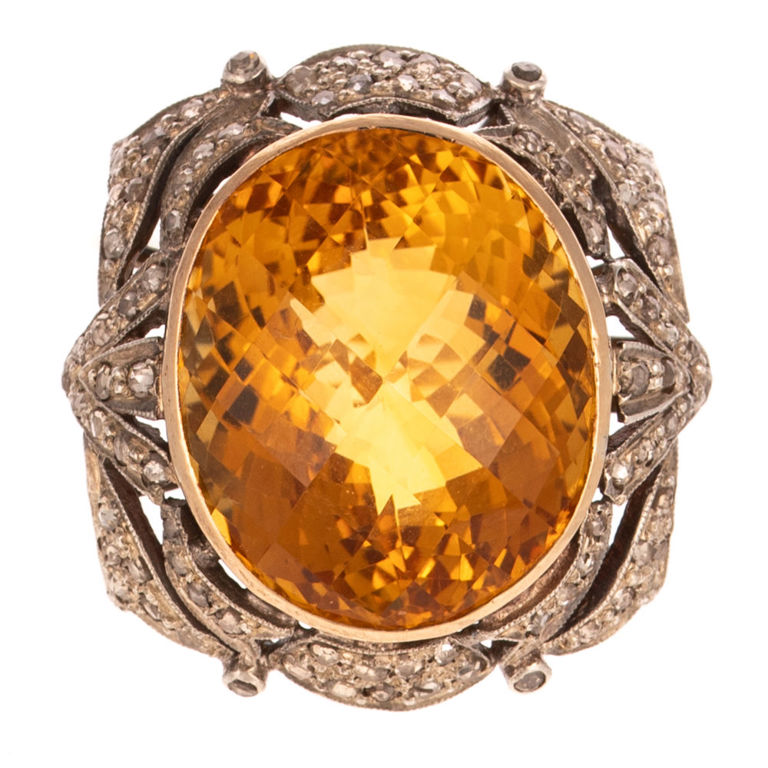Gold and Silver Citrine and Diamond Cocktail Ring