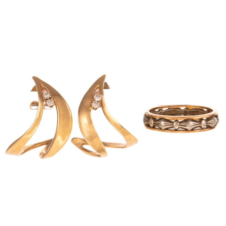 14k Gold Diamond Hoop Earrings and Band Ring
