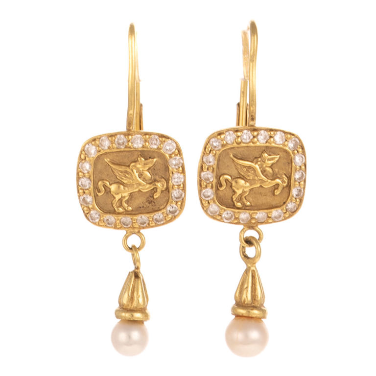 14k Gold Diamond and Pearl Intaglio Earrings
