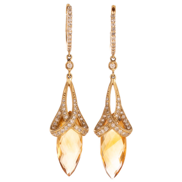 14k Gold Citrine and Diamond Dangle Earrings