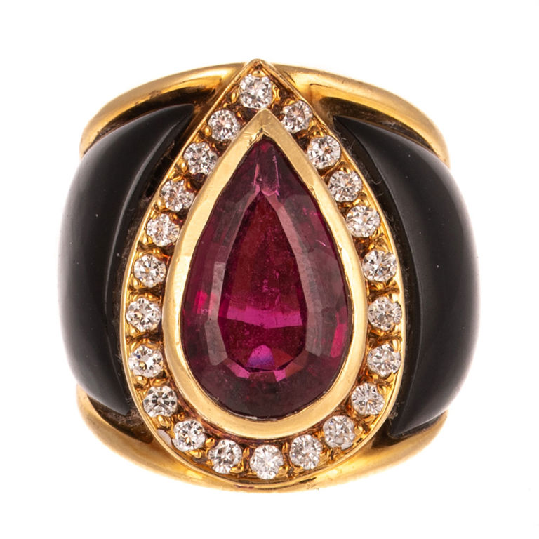18k Gold Garnet, Diamond and Onyx Halo Ring