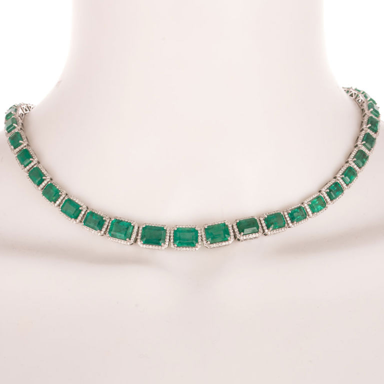 950 Platinum Emerald and Diamond Line Necklace