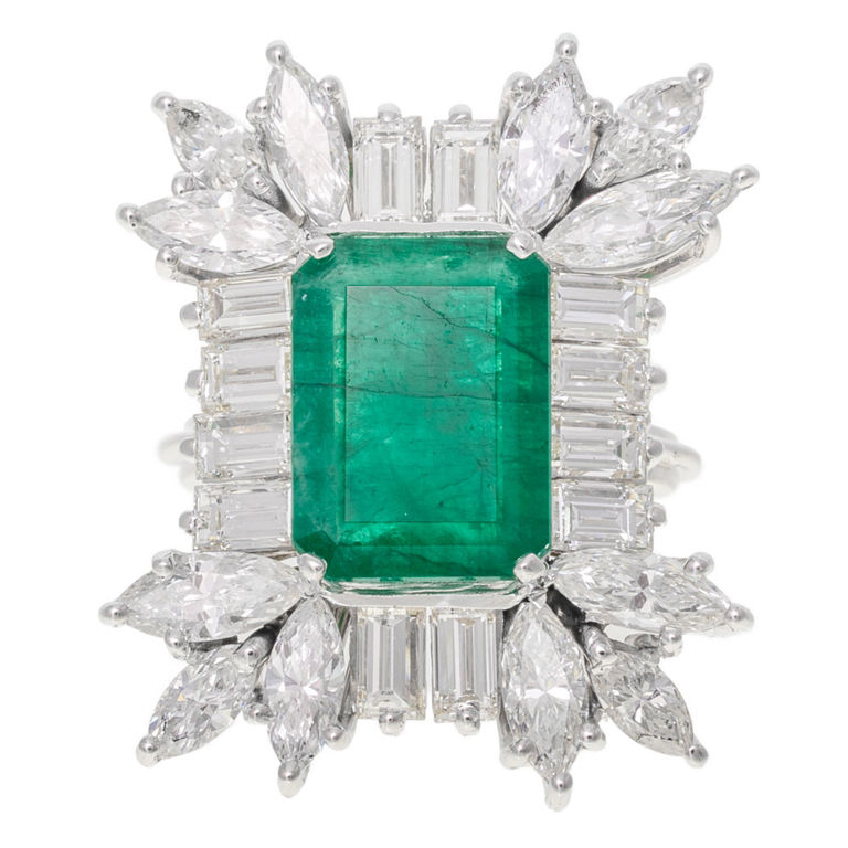 14k White Gold Emerald and Diamond Ring