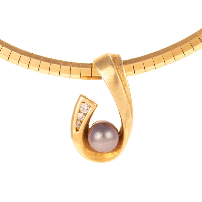 14k Gold Pearl and Diamond Pendant Necklace