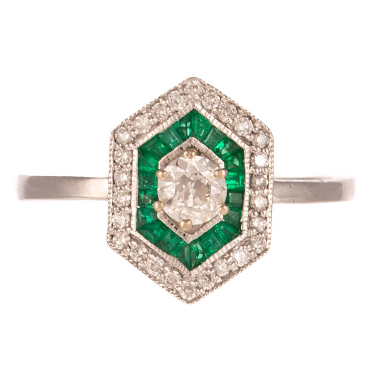 14k White Gold Diamond and Emerald Halo Ring