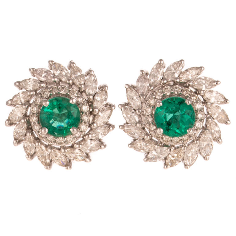 14k White Gold Emerald and Diamond Stud Earrings