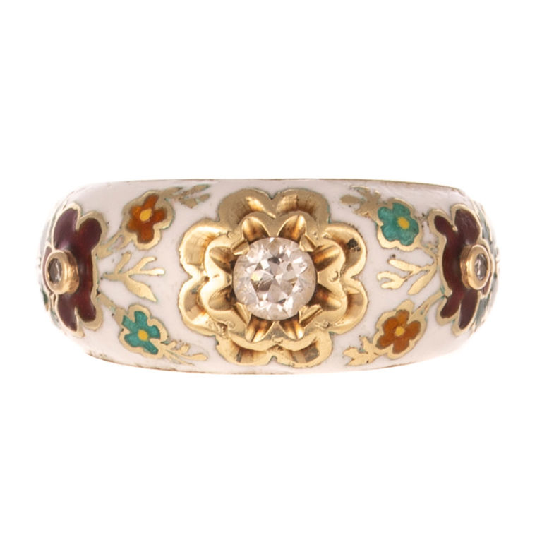 14k Gold Diamond and Enamel Floral Band Ring