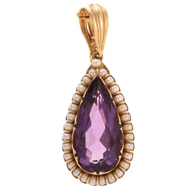 14k Yellow Gold Amethyst and Pearl Drop Pendant