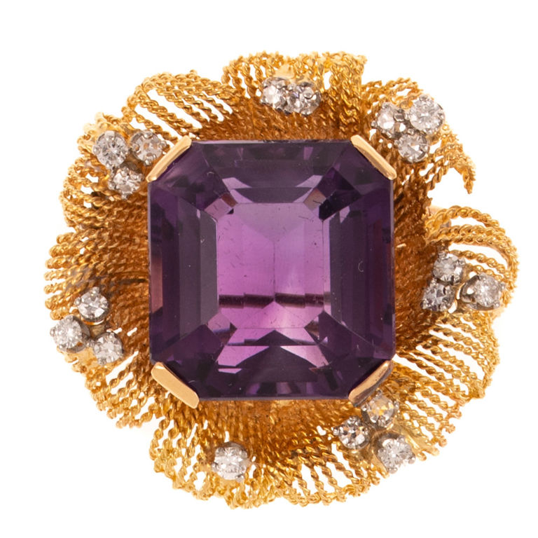 18k Yellow Gold Amethyst and Diamond Brooch