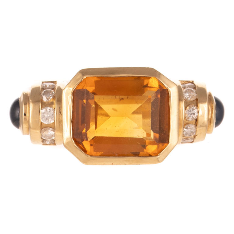 14k Gold Citrine, Diamond and Sapphire Ring