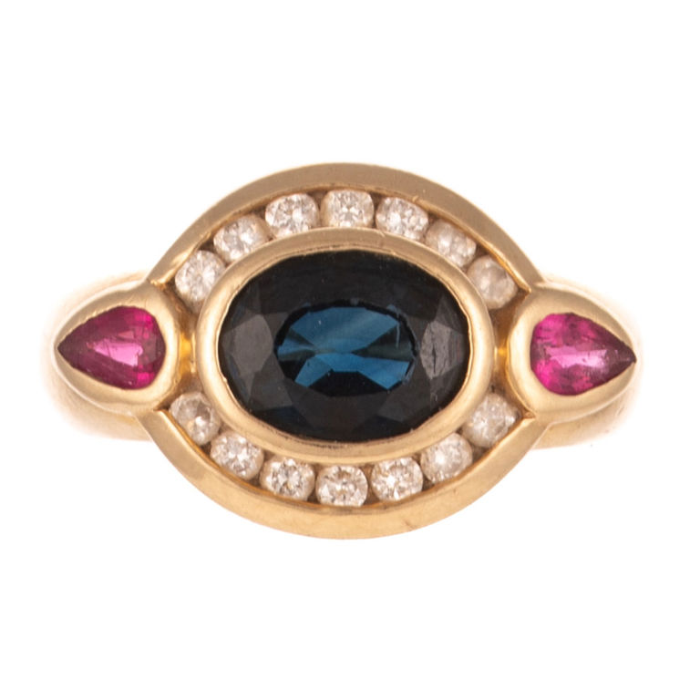 14k Yellow Gold Sapphire, Diamond and Ruby Ring