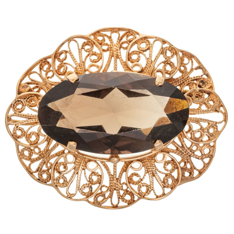 14k Yellow Gold Quartz Filigree Pendant/Brooch