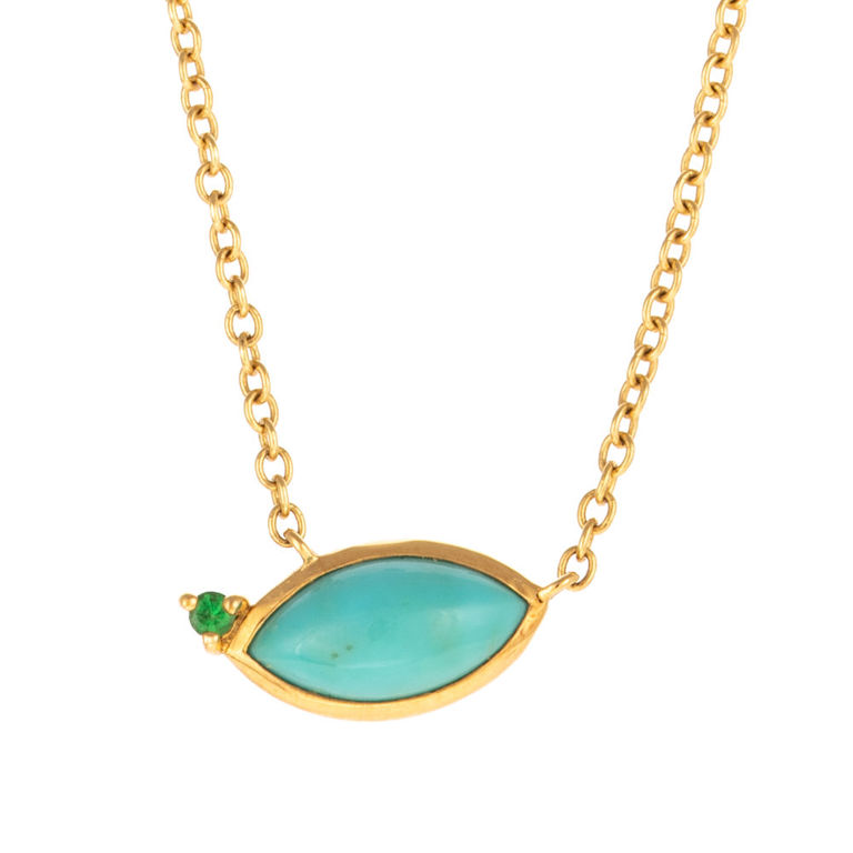 18k Gold Turquoise and Emerald Pendant Necklace