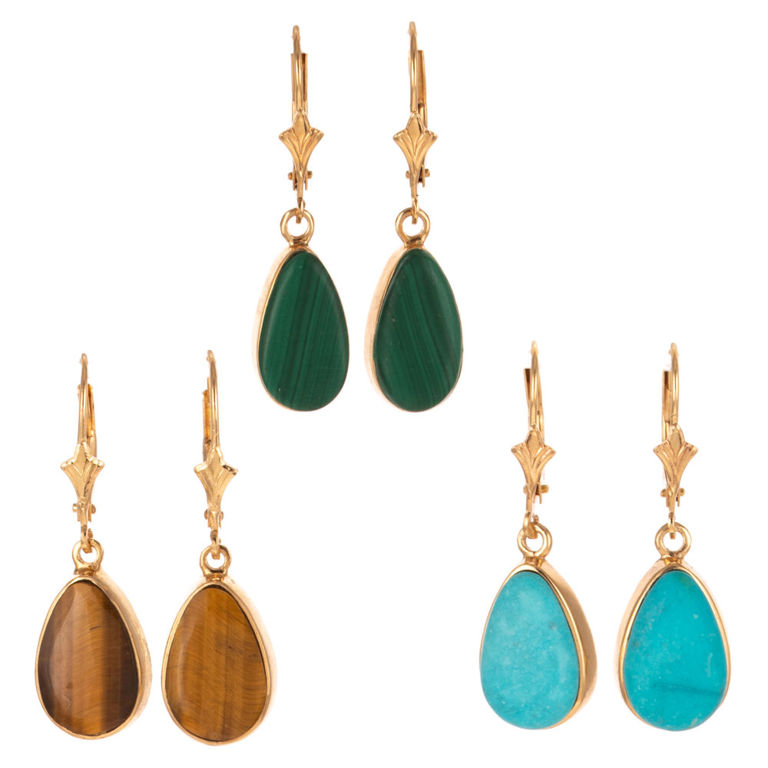 Three Pairs of 14k Yellow Gold Gemstone Earrings