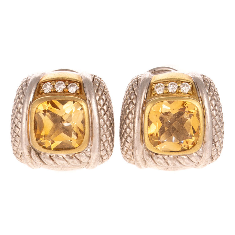 18k Gold and Silver Citrine and Diamond Earrings