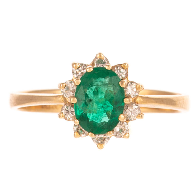 14k Yellow Gold Emerald and Diamond Halo Ring