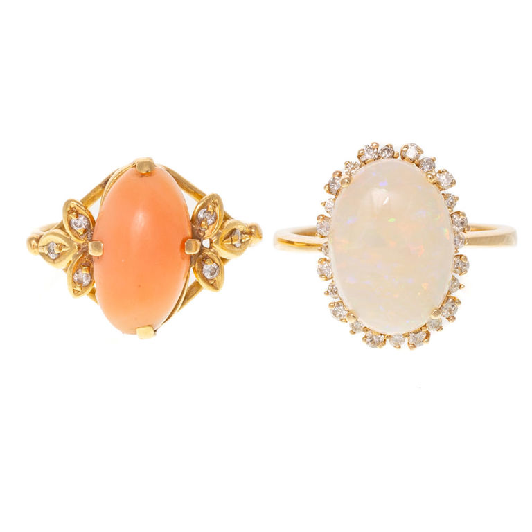 Two 18k and 14k Gold Gemstone Rings