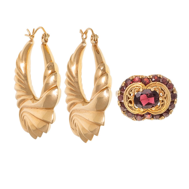 14k Yellow Gold Garnet Ring and Hoop Earrings
