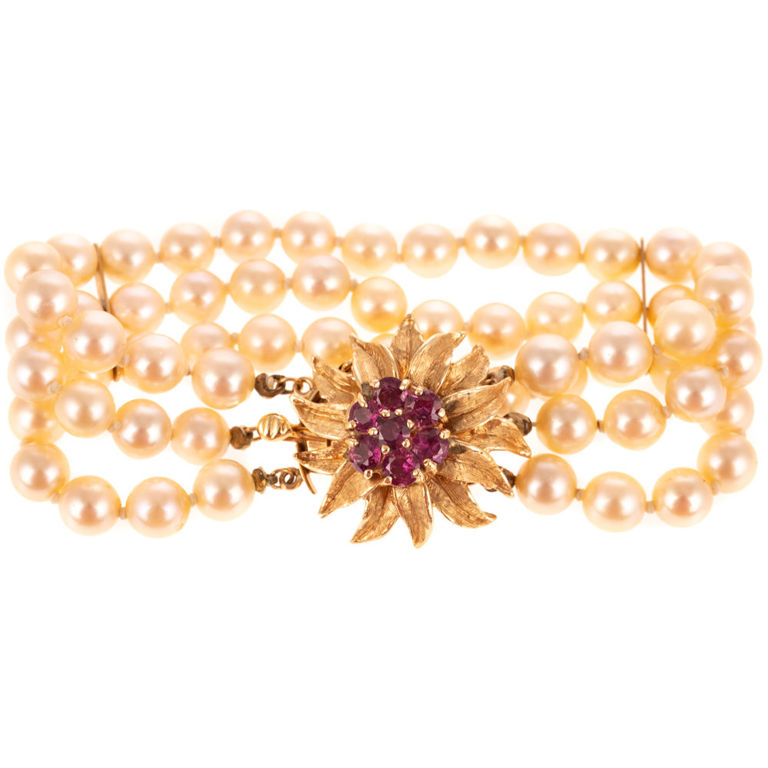 Pearl Bracelet with 14k Yellow Gold Ruby Clasp