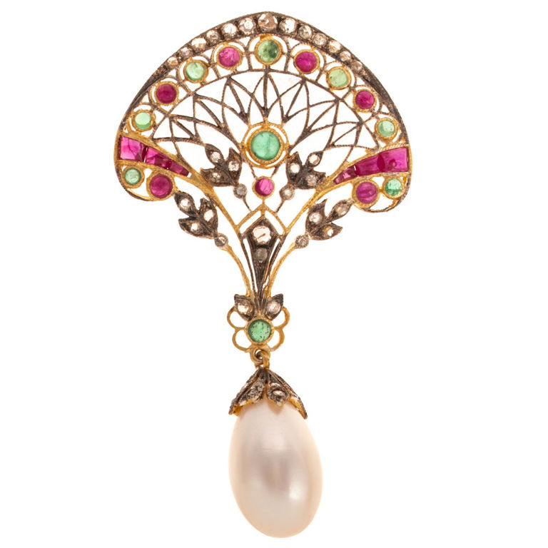 Gilded Silver Gemstone and Pearl Drop Pendant