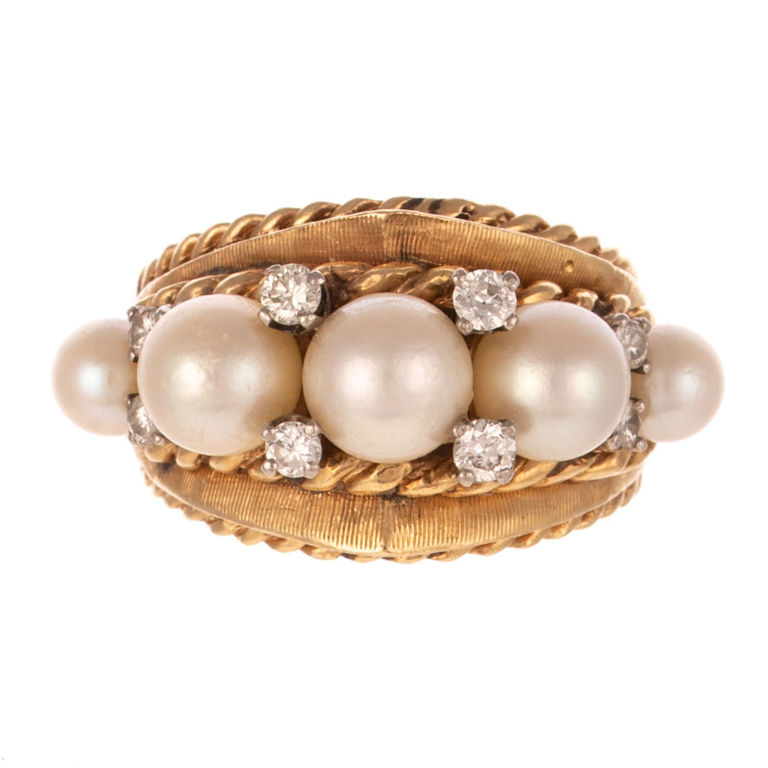 14k Yellow Gold Pearl and Diamond Dome Ring