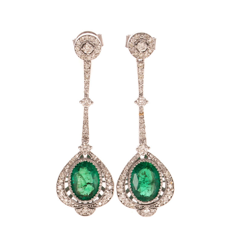 14k Gold Emerald and Diamond Dangle Earrings