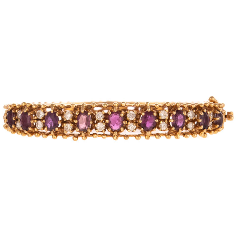 14k Gold Garnet and Diamond Bangle Bracelet