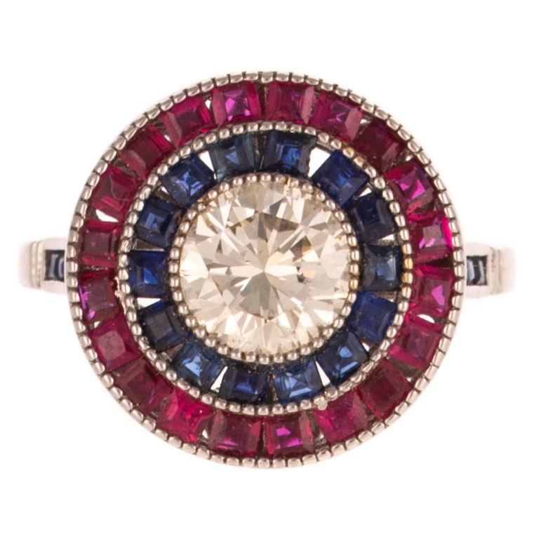 14k Gold Diamond, Sapphire and Ruby Halo Ring