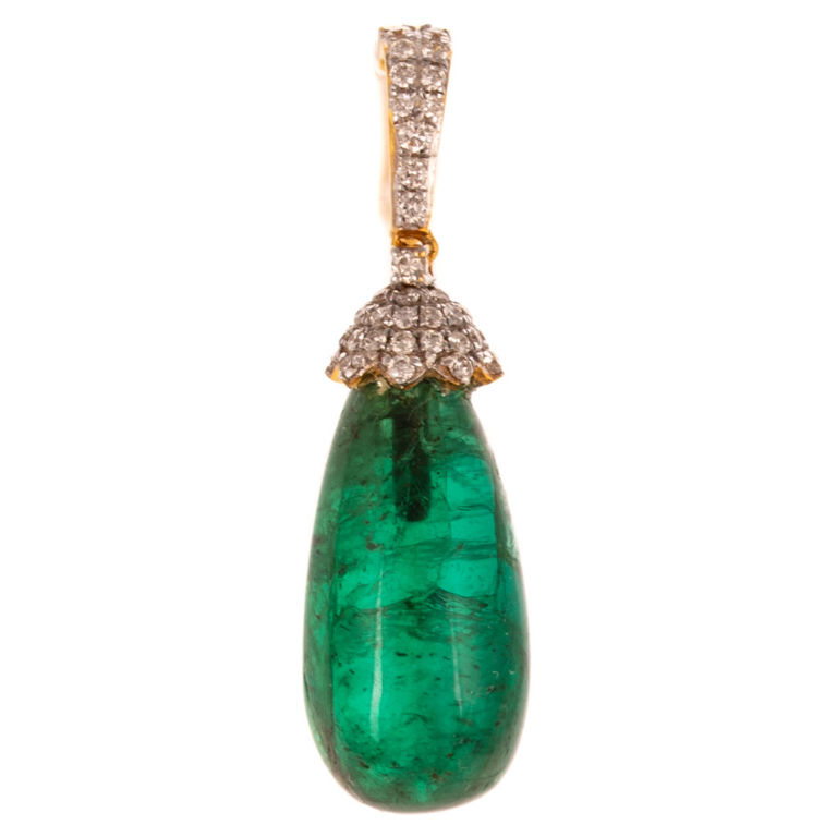 18k Gold Emerald and Diamond Drop Pendant