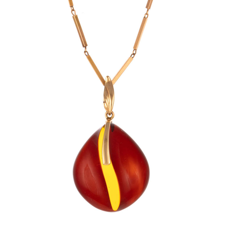 14k Gold Necklace with Amber-Colored Stone Pendant