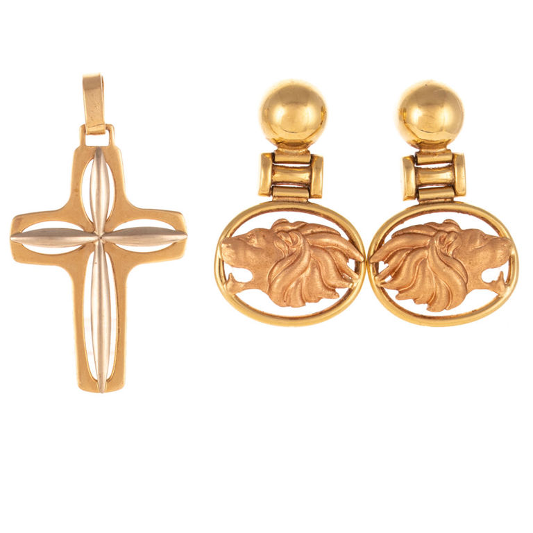 14k Gold Lion Earrings and Cross Pendant