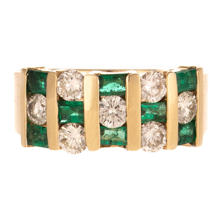 14k Yellow Gold Emerald and Diamond Band Ring
